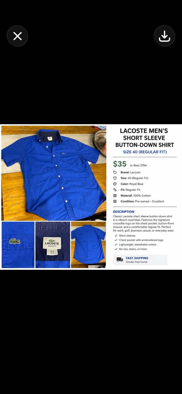 Lacoste Men's Short Sleeve Button-Down Shirt Size 40 Regular Fit Royal Blue